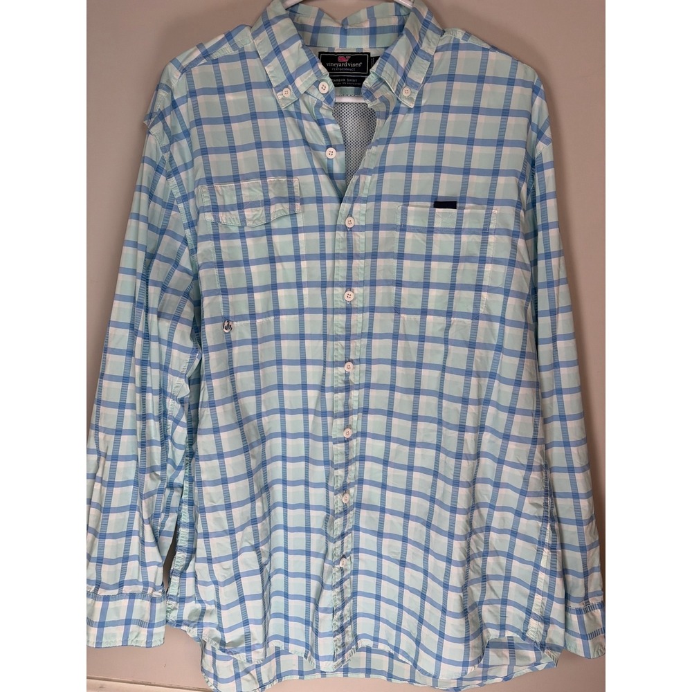 Vineyard Vines Performance Harbor Shirt Mens Large Blue Green Plaid Fishing Vent